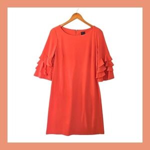 Gabby Style Orange Coral Midi Shift Dress Bell Ruffle 3/4 Sleeve size 6